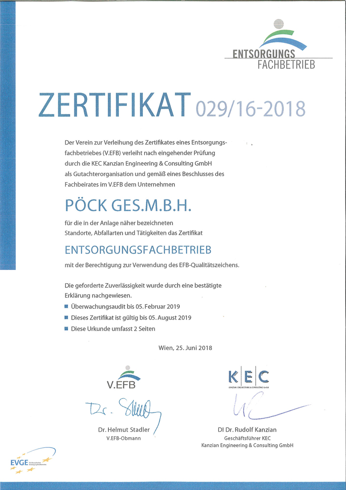 Pöck's Entsorgungsfachbetrieb-Zertifikat