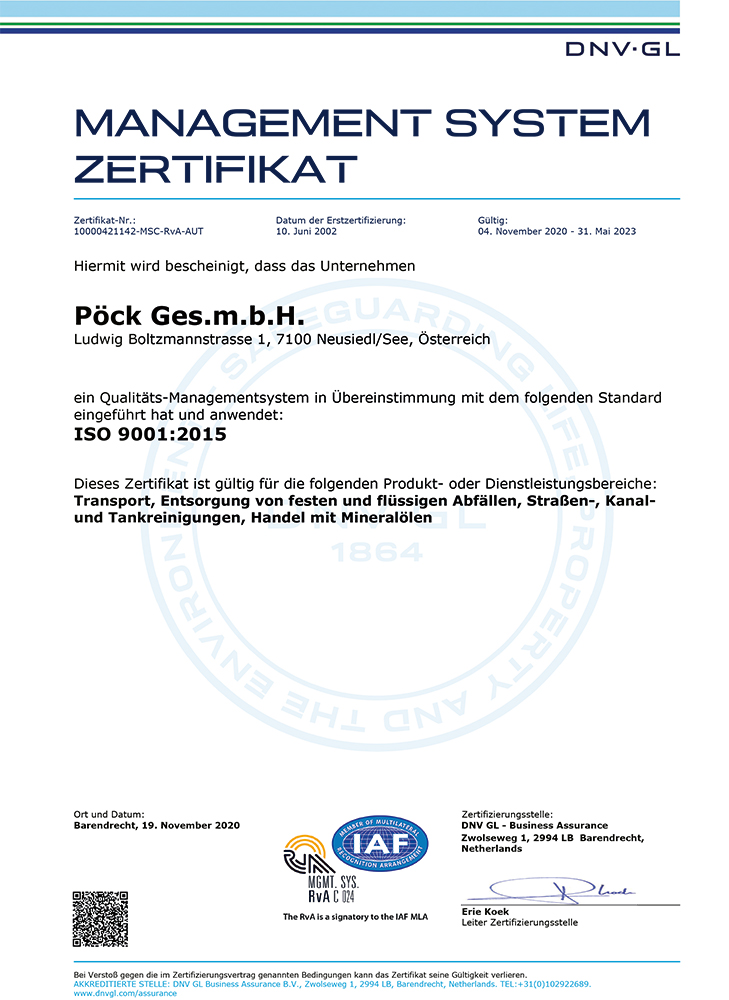 ISO Zertifikat Qualitätsmanagement System der Pöck GmbH